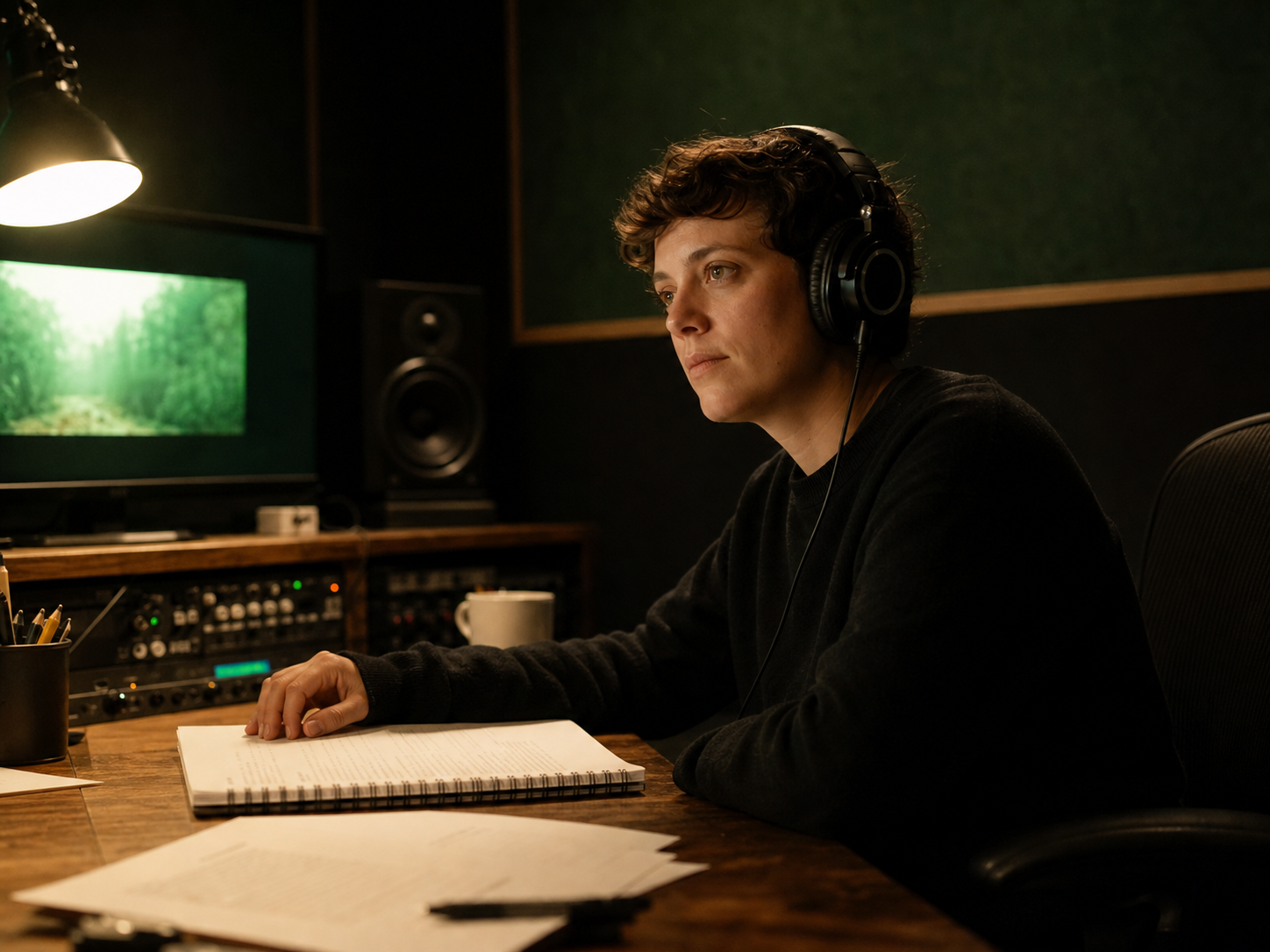 A filmmaker listening to a screenplay performance in a studio